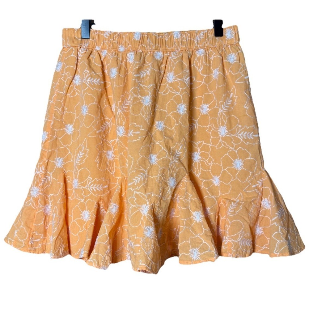 Loft Peach Embroidered Floral Flowy A Line Skirt Small 100% Cotton Ruffle Gem